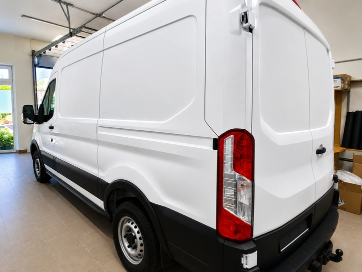 Weißer Transporter vor der Fahrzeugbeschriftung